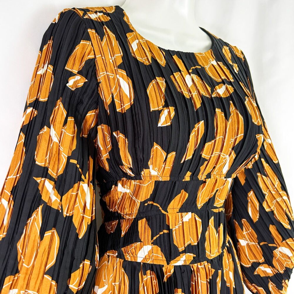 SIMKHAI Black & Gold Floral Ames Midi Dress (8) Pleated Plissé-Satin - Picture 4 of 16